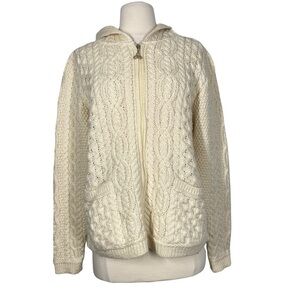 ARAN MOR Cream Cable Knit Zip-up Merino Wool Sweater Made in Ireland Medium